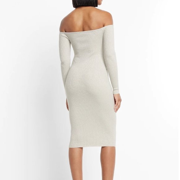 Express Metallic Ribbed Off the Shoulder V-Wire Midi Sweater Dress - Picture 2 of 7